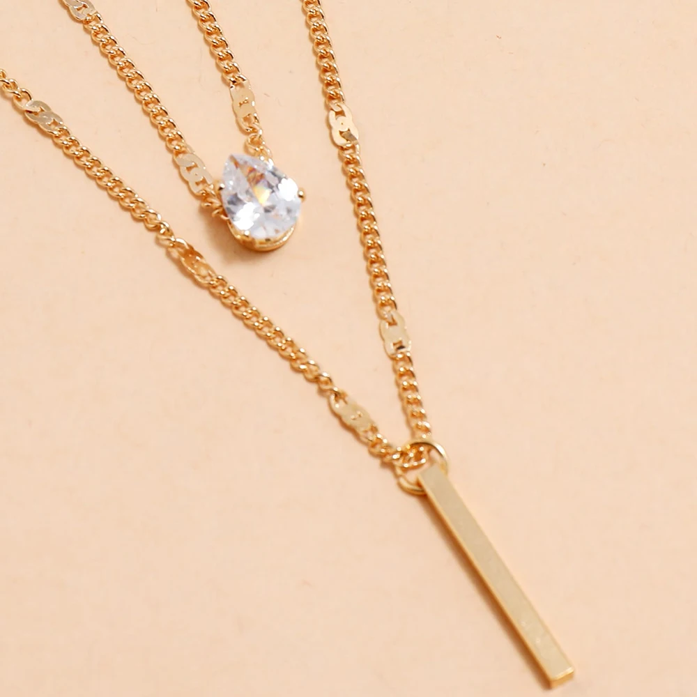 2Pcs/Set Fashion Multi-Layer Water Drop Zircon Bar Pendant Collarbone Choker Simple Metal Long Necklace For Birthday Party Gift