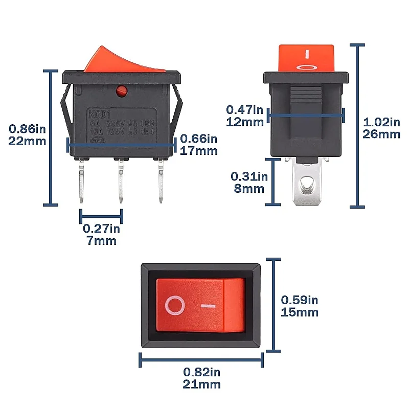 Rocker Switch Red AC 6A 250V 10A 125V On/Off 3Pin Rocker Switch Built-in Switch 2 Position for Car Boat Household Appliances
