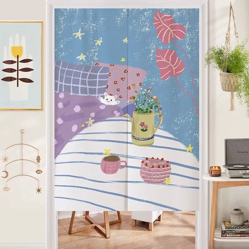 Gentle Illustration Air Door Curtain Pink Background White Cat Pattern Home Use No Punching Room Cover Decorative Curtain