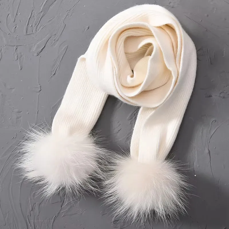 Jaxmonoy الاطفال وشاح محبوك مع الراكون الطبيعي كرة فرو الفتيات والفتيان شتاء دافئ الكشمير مزيج الأوشحة الطفل وشاح ناعم #3