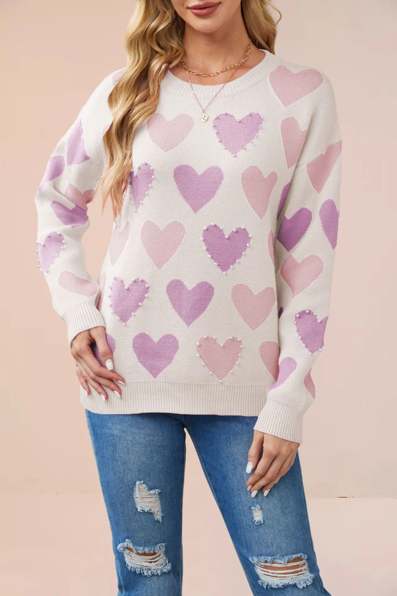 

Round-neck Hand-beaded Heart-shaped Peach Pullover Knitted Sweater