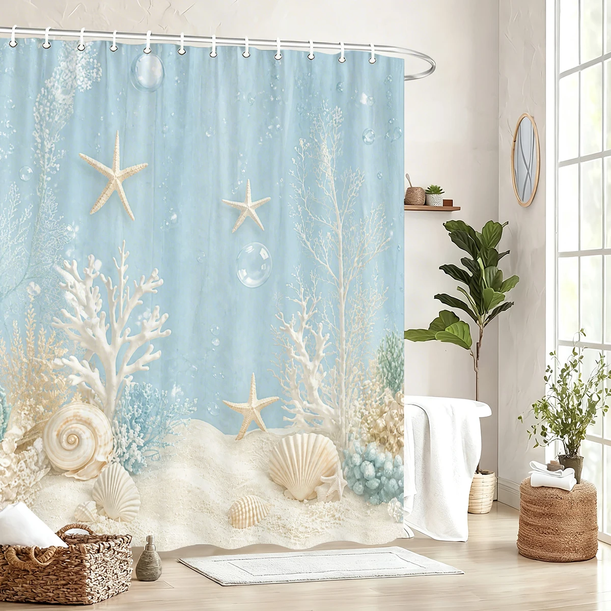 Vibrant Themed Polyester Bathtub Curtain - Cute Floral Underwater Animal Printed Bathroom Decorative Curtain