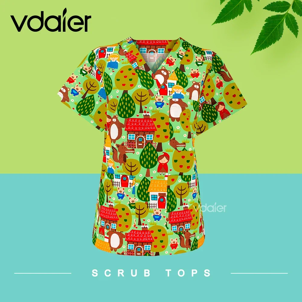 Cotton Dental Clinic Uniforms for Dentists and Hygienists Cartoon Print Scrub tops for Fun and Comfortable Workwear