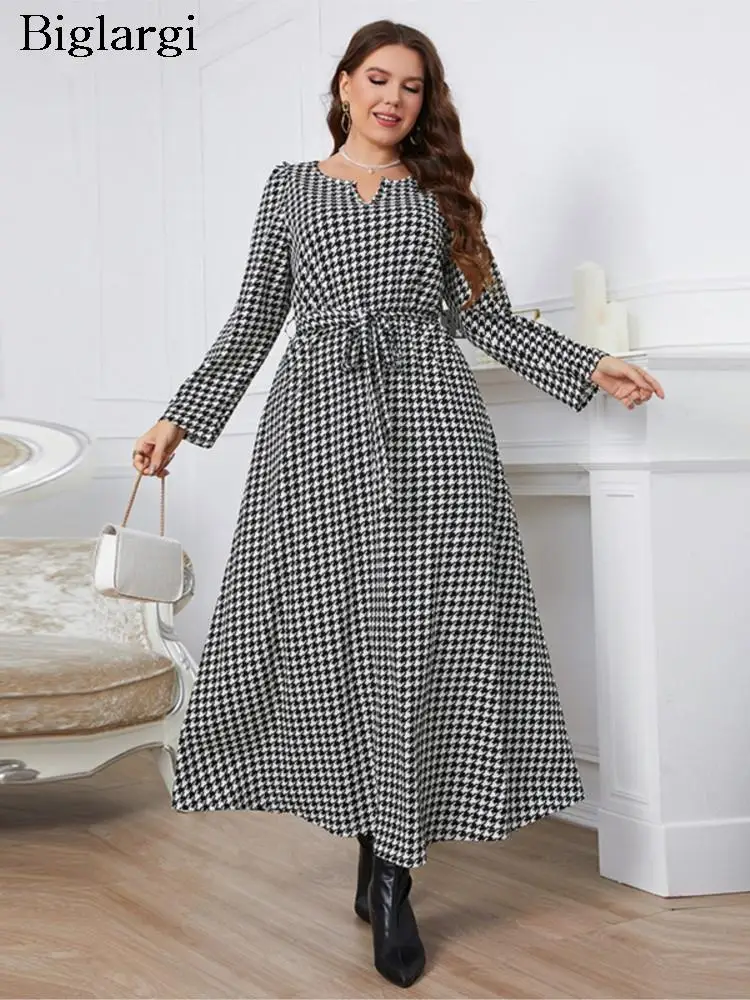 Vestido largo con estampado a cuadros para mujer, prenda elegante de manga larga, informal, a la moda, talla grande, Otoño, 2023