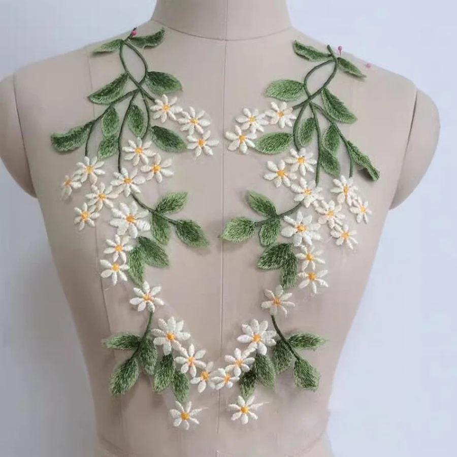 1Pairs Green Leaf Daisy Flower Patch Sewing Applique Crafts Repair Decoration 34*12CM