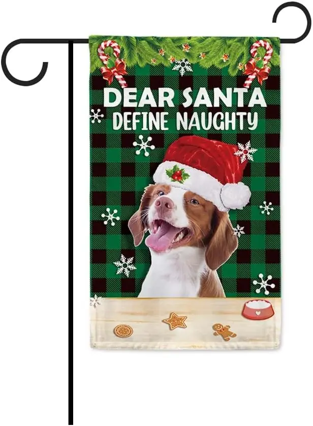 Christmas Xmas Winter Funny Brittany Spaniel Dog Garden Flag Green Buffalo Snowflake Yard Outside Decoration Flag Dear Santa Def