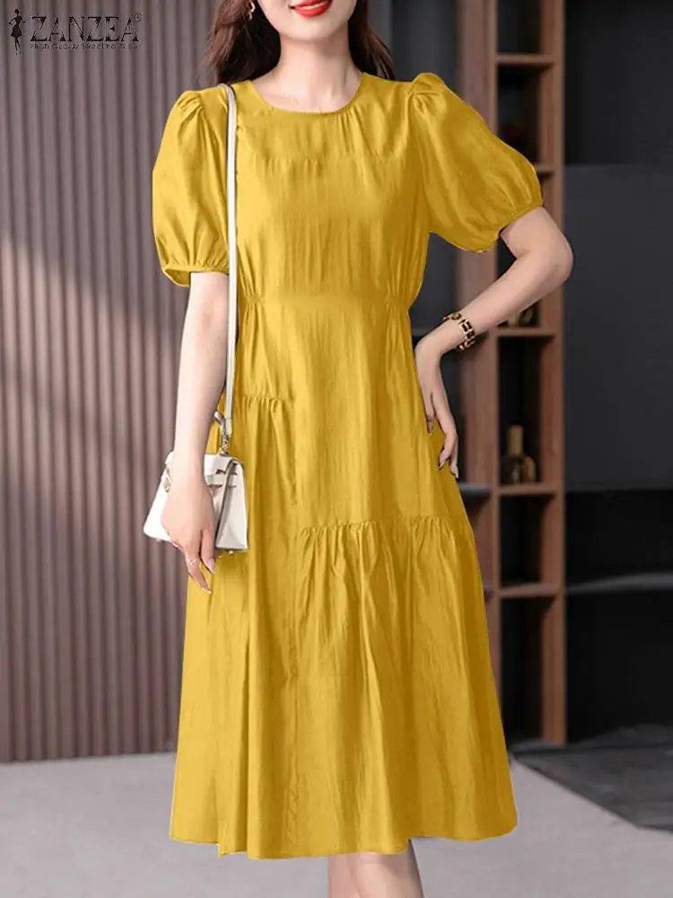 

Женское летнее эластичное платье ZANZEA, корейское плиссированное платье миди с пышными короткими рукавами, модель 2024 года, Модные свободные платья в стиле пэчворк