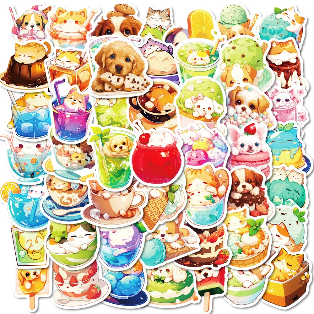 

100 Cute Hand-Drawn Food and Small Dog Sketch Waterproof Stickers, Children's Cartoon Animal Decorative Stickers for Scrapbooks