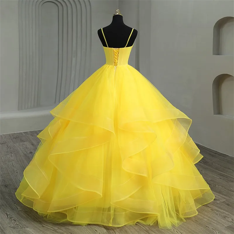 2023 New Fashion Simple Gold Quinceanera Dress Spaghetti Straps Ruched Organza Vestidos De 15 Debutante Gown Bohemia Princess