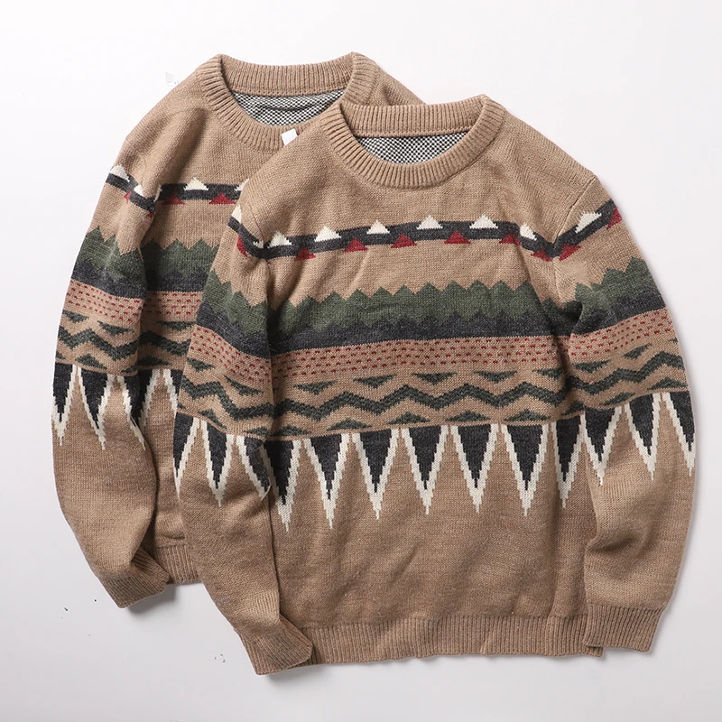 

Ретро-этнический вязаный свитер с круглым вырезом, повседневный свободный крой, длинный рукав, осенне-зимний мужской модный пуловер Bot Li...