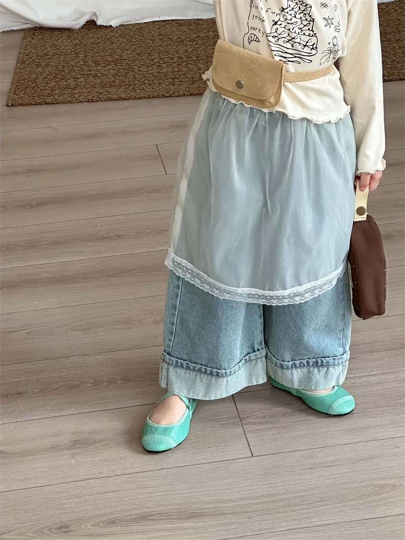 

2026 Spring Summer Korean Mesh Lace Children Elastic Waist Butt Curtain Girls Baby Solid Lace Paired with Skirt