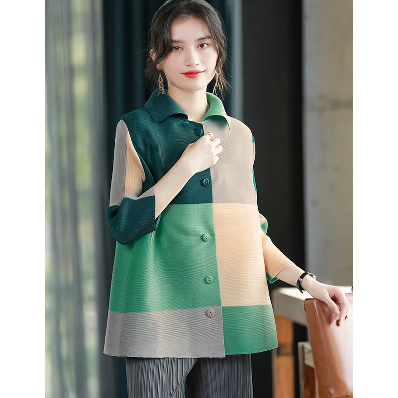 Blouse 2023 pleated color matching fashion POLO collar cardigan with 3/4 sleeves western-style blocking top shirt blouse female