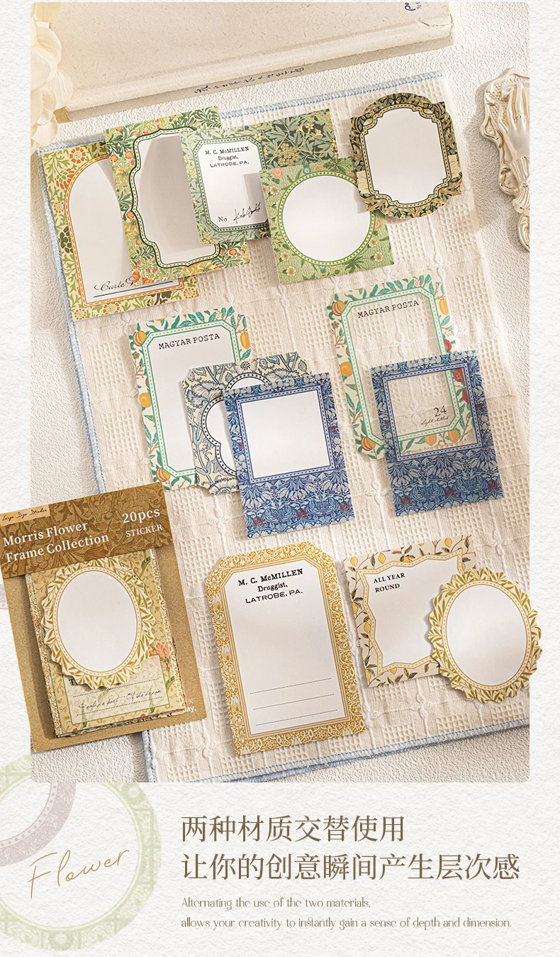 Journal GO 20 Stück Morris Blumenrahmen-Aufkleber Zweimaterialige Vintage Blumenrand-Sticker für Karten, Alben, Tagebücher und Scrapbooking – Detail 2