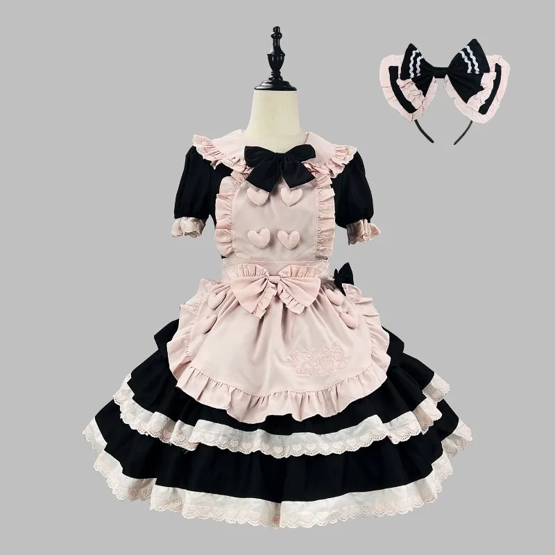 

Sweet Black Pink Maid Style Cosplay Dress Girls Lolita Cute Big Bow Princess Dress Women's Short Sleeve Headwear Role Play Dress