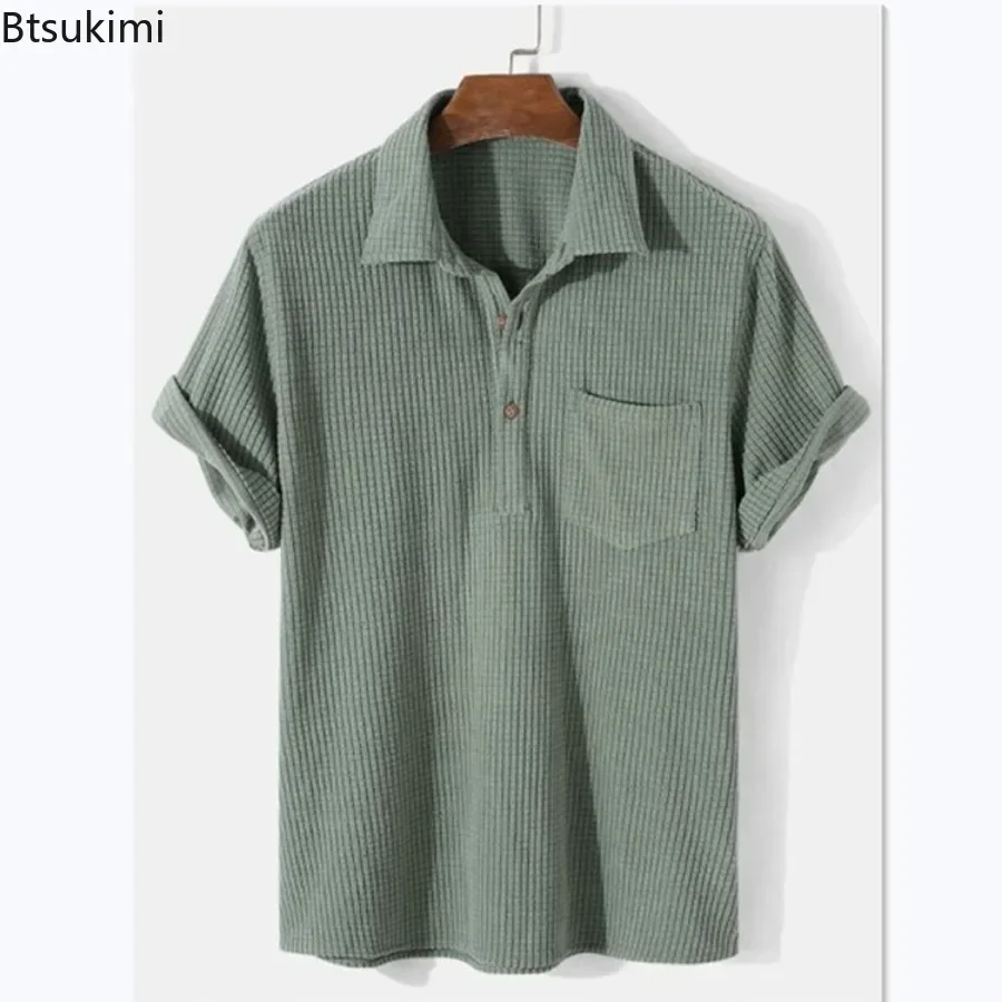 New 2025 Men's Summer Casual Polo Shirts Top Turn-Down Collar Button Blouse Short Sleeve Solid Pocket Blouse Shirt Men Clothing