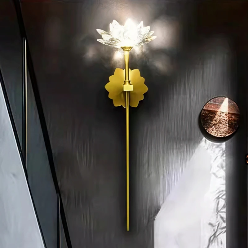 Luxury Copper Crystal Lotus Wall Lamp for Foyer Hotel project Bedside night light Living Room wall sconce mirror LED vanity lamp