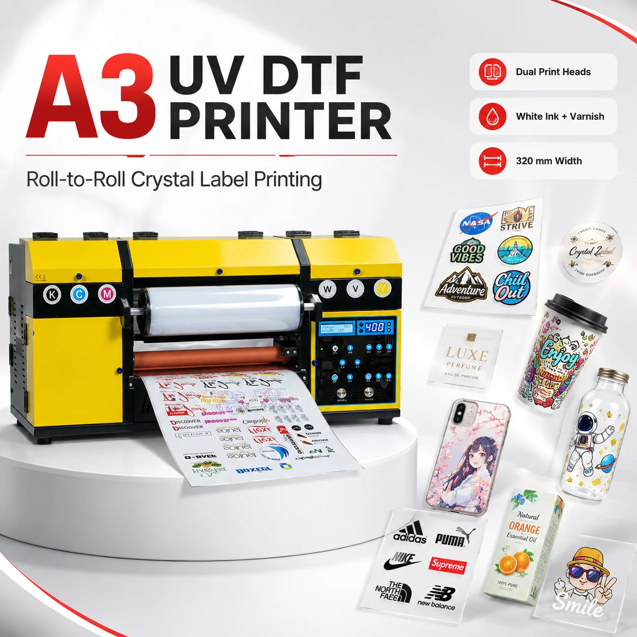 A3 UV DTF Printer Roll to Roll Crystal Label Machine with Embossed Effects for Glass Plastic Metal Wood and Gift Items