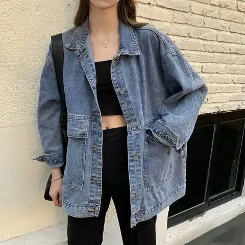 Nouvelle Veste en Jean Femme Printemps 2026 Style Coréen Manches Longues Coupe Ample Unisexe avec Grandes Poches et Boutons