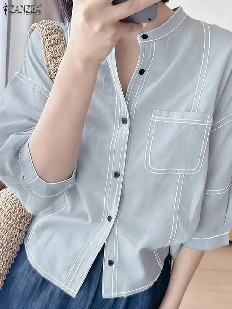 ZANZEA قمصان نسائية بلوزة مرقعة غير رسمية موضة 2025 3/4 كم سترة فضفاضة أزرار جيب للخريف بلوزات كورية للشارع