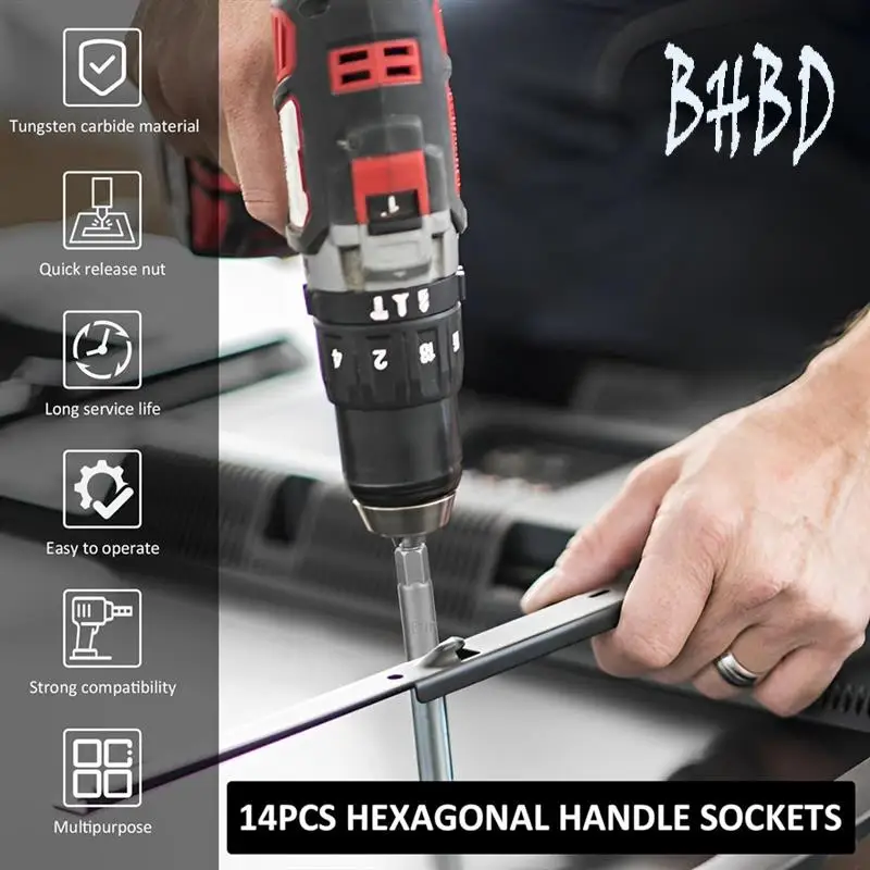 14 PCS Hexagonal Sockets Set As Shown Metal Hex Shank Nut Driver Bits Set Quick Change Nut Setter