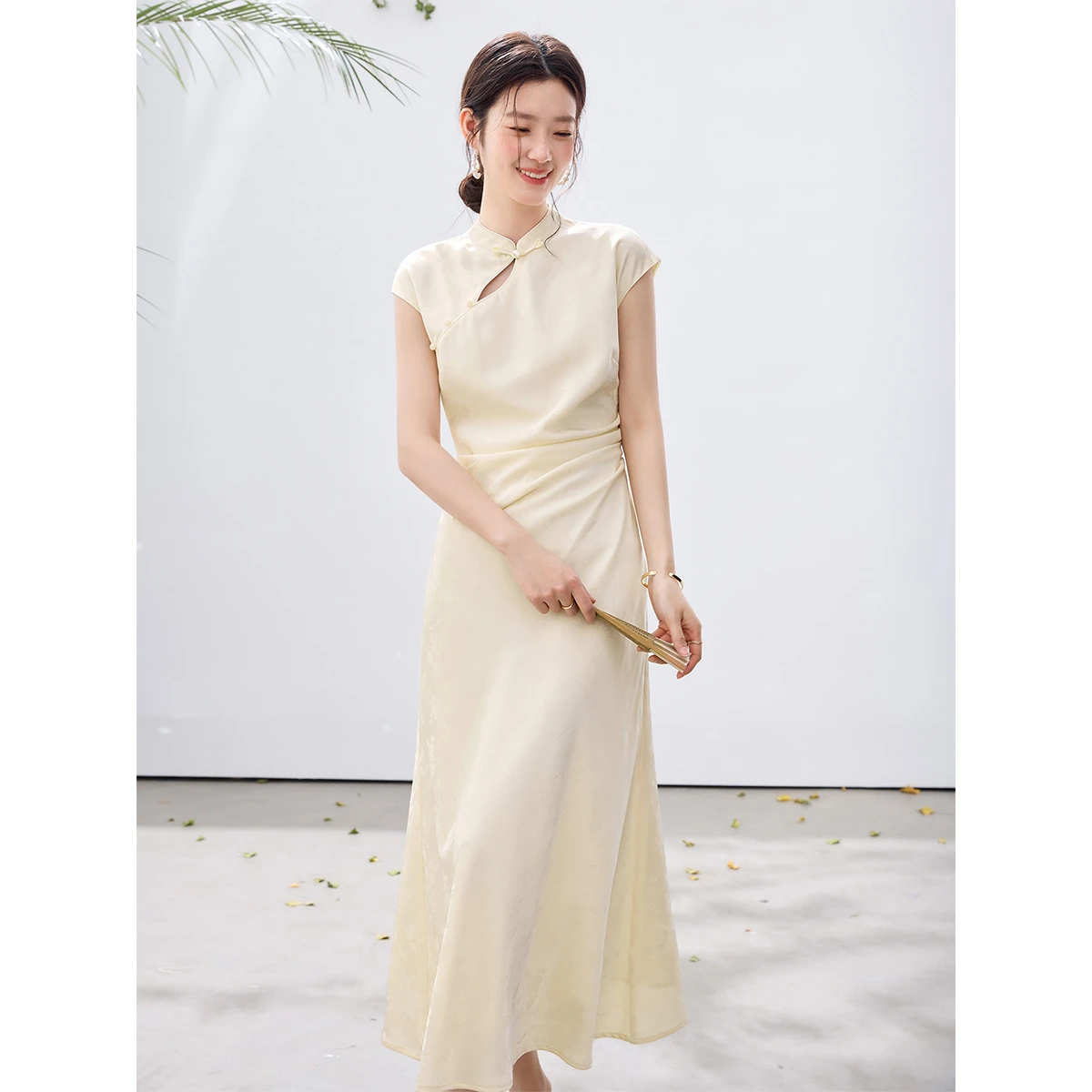 VIMLY Women's Chinese Style A-Line Dress 2026 Summer New Frog Button Stand Collar Jacquard Satin Ruched Waist Maxi Dress 30681