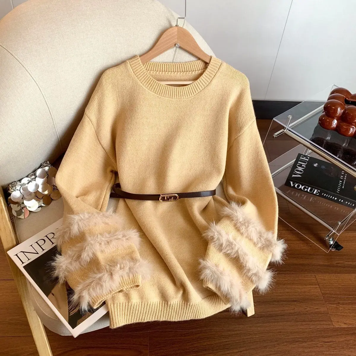 

Fashion Mao Mao Stitching Pullover Female 2025 Autumn Winter New Loose Knitted Sweater Women Loose Long Sleeves Sweaters