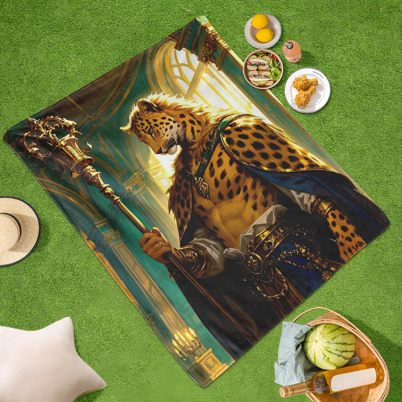 Regal Leopard Print Throne Style Anthropomorphic King Fantasy Outdoor Blanket For Cozy Elegance