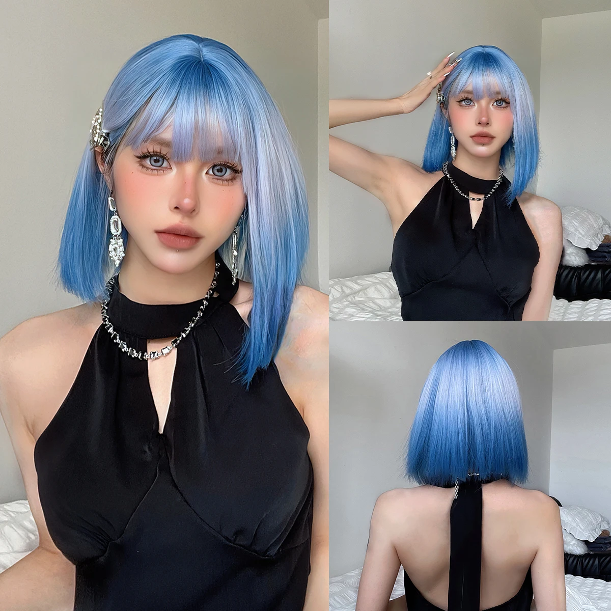 Short Straight Bob Synthetic Wigs Sky Blue White Ombre Wig with Bangs Lolita Cosplay Wigs for Women Halloween Party Wigs Daily