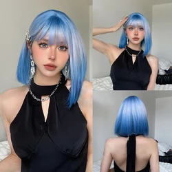 Short Straight Bob Synthetic Wigs Sky Blue White Ombre Wig with Bangs Lolita Cosplay Wigs for Women Halloween Party Wigs Daily