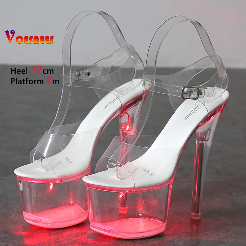 17CM Stripper Heels Women Glitter Shoes Clear Heel Light-emitting PVC Platform Sandals LED Light Buckle Strap Super High Heels - Image 6