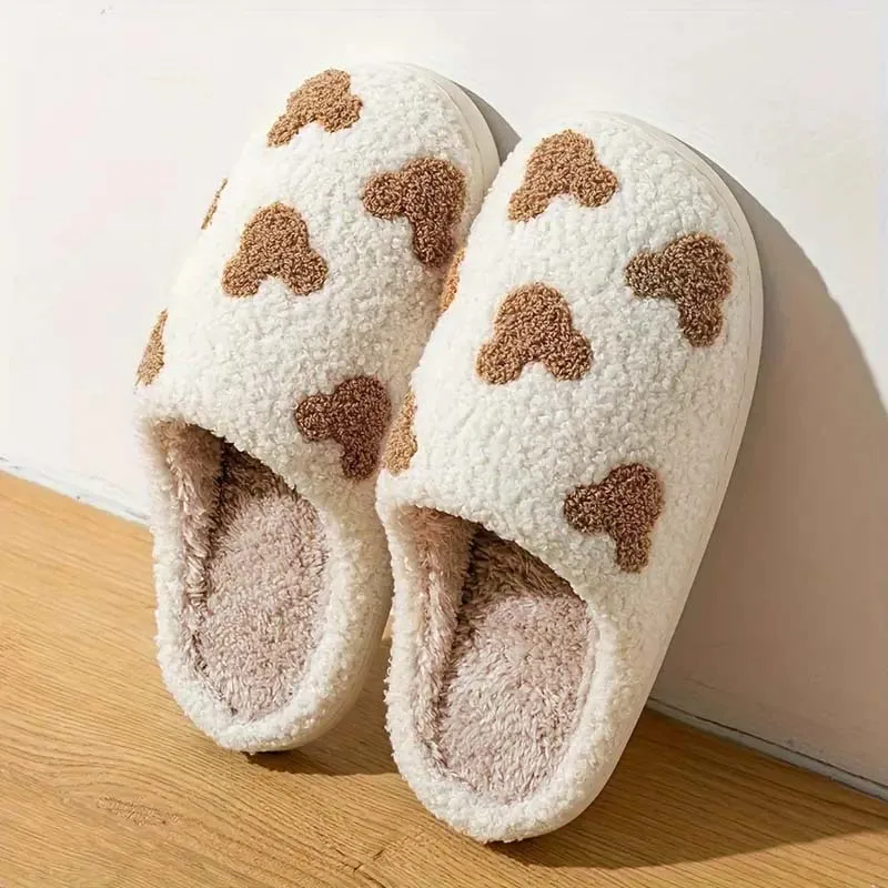 レディース刺繍入りテディベアスリッパ 秋冬用 快適で暖かい滑り止めホームスリッパ