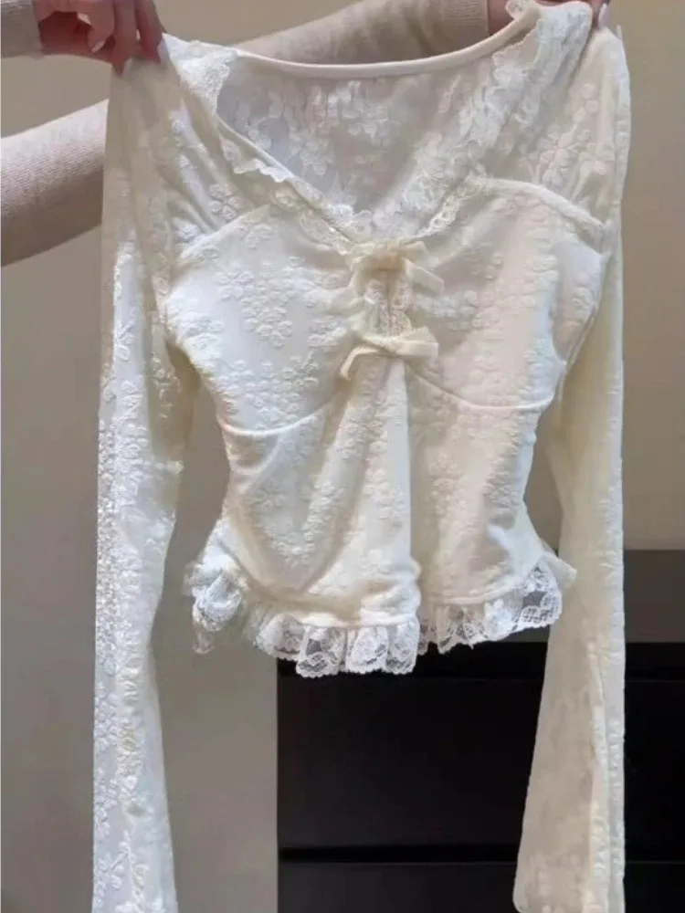 بلوزات جاكار من الدانتيل ملابس نسائية مثيرة سترة على شكل حرف v قمصان بأكمام طويلة مكشكشة قطع علوية قصيرة حلوة 2025 Blusas Mujer De Moda #3