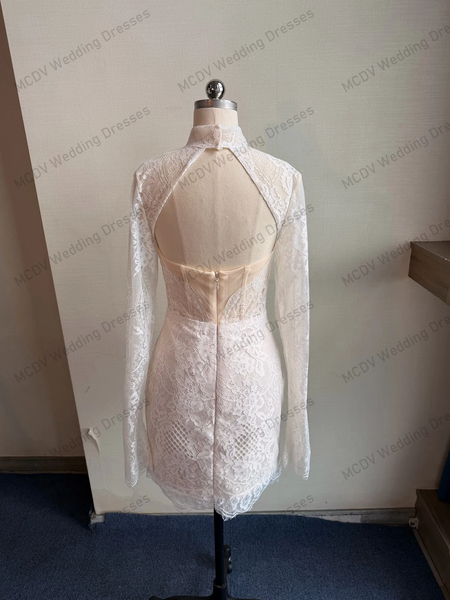 Mini Civil Wedding Dresses High Neck Full Sleeve Backless Short Bride Party Gowns Straight платье свадебное короткое Customized