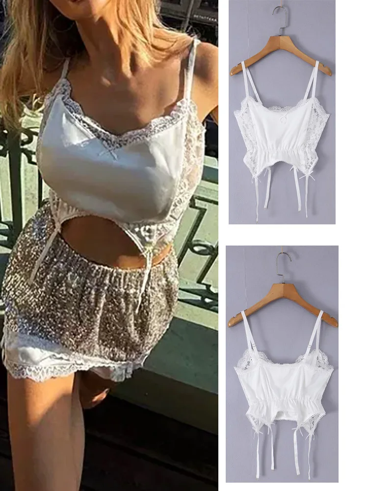Women's Shiny Sequin Sleeveless Top with Lace Trim Patchwork Backless Adjustable Sling Slim Fit Chic Sexy Party Wear
