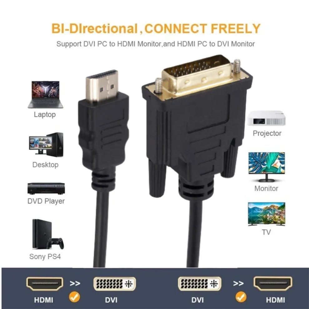 HDMI-Compatible to DVI Cable Bi-direction Converter Cable HDMI-Compatible Male to 24+1 DVI-D Male Adapter for Xbox HDTV DVD LCD