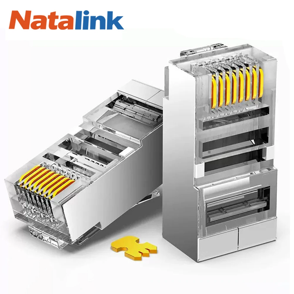 Natalink CAT6 RJ45 Connector Network Cable Modular Plug Crimp Shielded Gold-Plated 1.1mm Hole End Connectors for Ethernet Cable