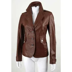 Blazer Slim Fit en cuir d'agneau véritable pour femme, veste en T de salle de bain, manteau marron de créateur