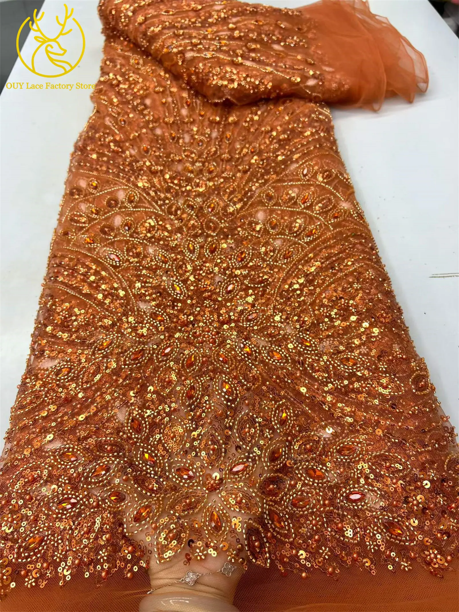 5 Yards Afrikanischer Perlen-Pailletten-Tüll-Spitzenstoff 2026 Hochwertiger Nigerianischer Steinbesetzter Spitzenstoff Grüner Spitzenstoff für Abendkleider – Detail 5