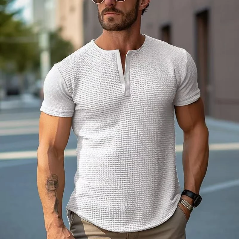 

Sports T-shirt Men Casual Solid Color Waffle Knit Tops Summer Fashion V Neck Short Sleeve Elastic Slim T Shirt Streetwear Mens