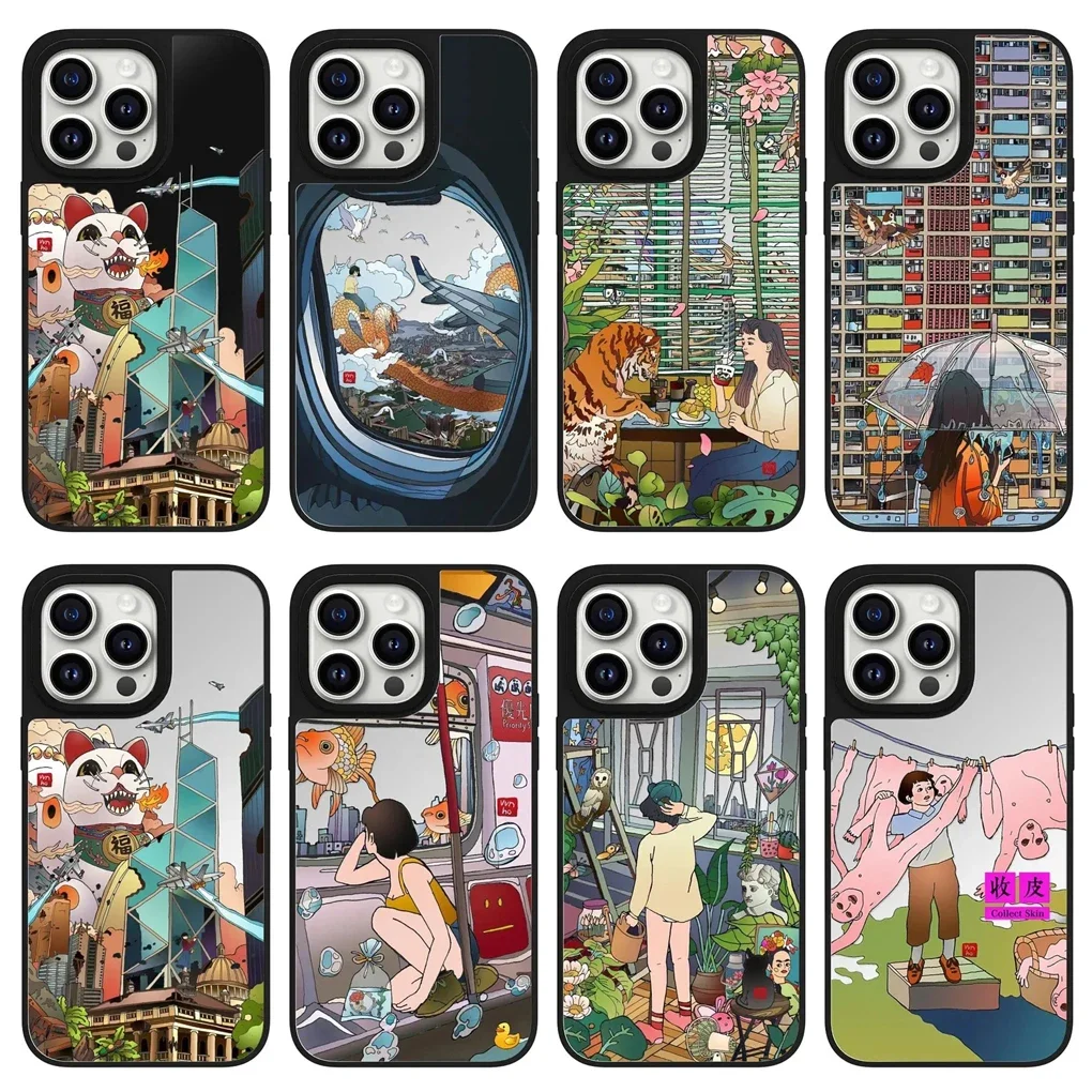 

City Fantasy Mirror Surface iPhone 12 13 14 15 16 Pro Max Protective Case, Fits iPhone 16 Pro Max