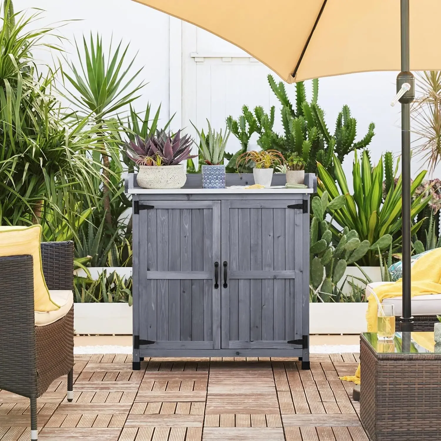 Garden Potting Bench Table, Outdoor Garden Horticultural Wooden Storage Cabinet & Solid Wood Planting Work Bench with