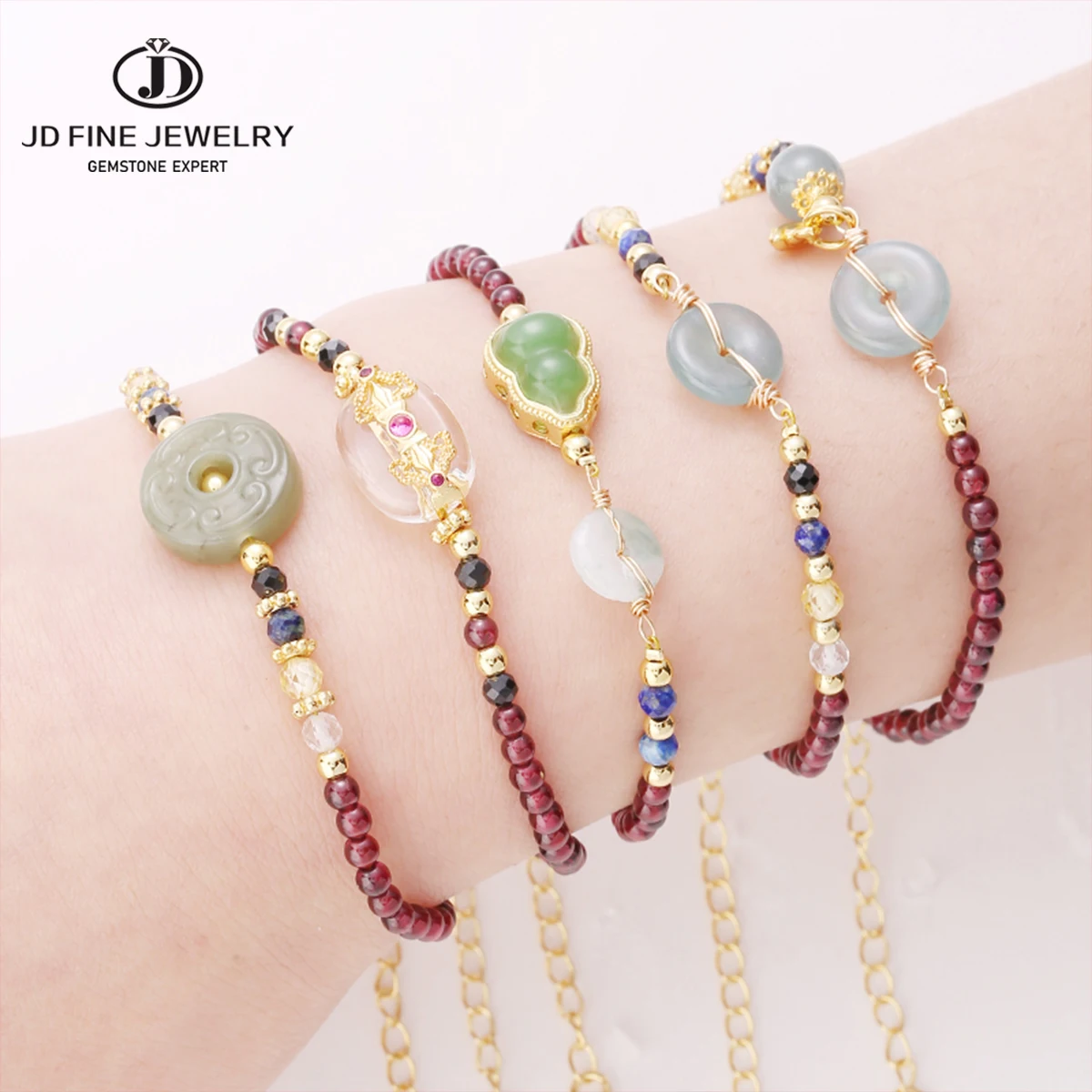 Bracelet JD 5A en grenat naturel et jadéite du Guatemala, avec breloques, pour femmes, yoga, méditation, bohème, amulette de guérison, cadeau