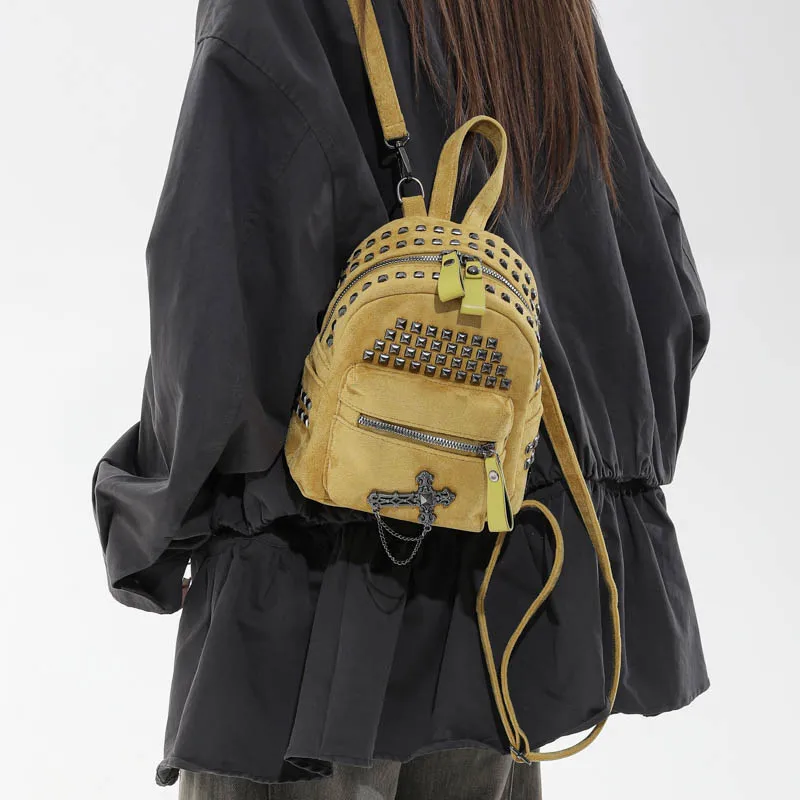 Gothic Punk Mini Backpacks for Women Y2K Suede Leather Crossbody Bag Girl's Daily Multifunctional Adjustable Strap Shoulder Bag