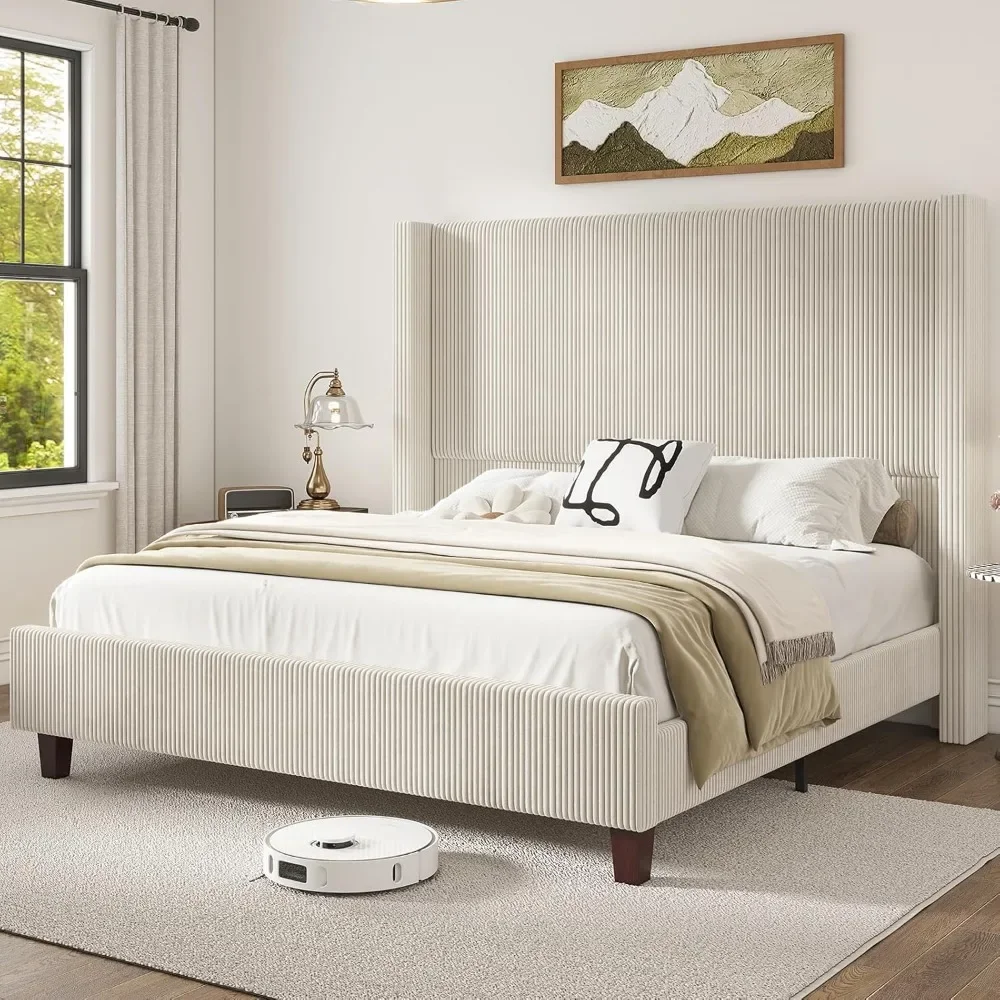 Corduroy Upholstered Bed Frame, Platform Bed with Vertical Stripe Wingback Headboard, No Box Spring Needed