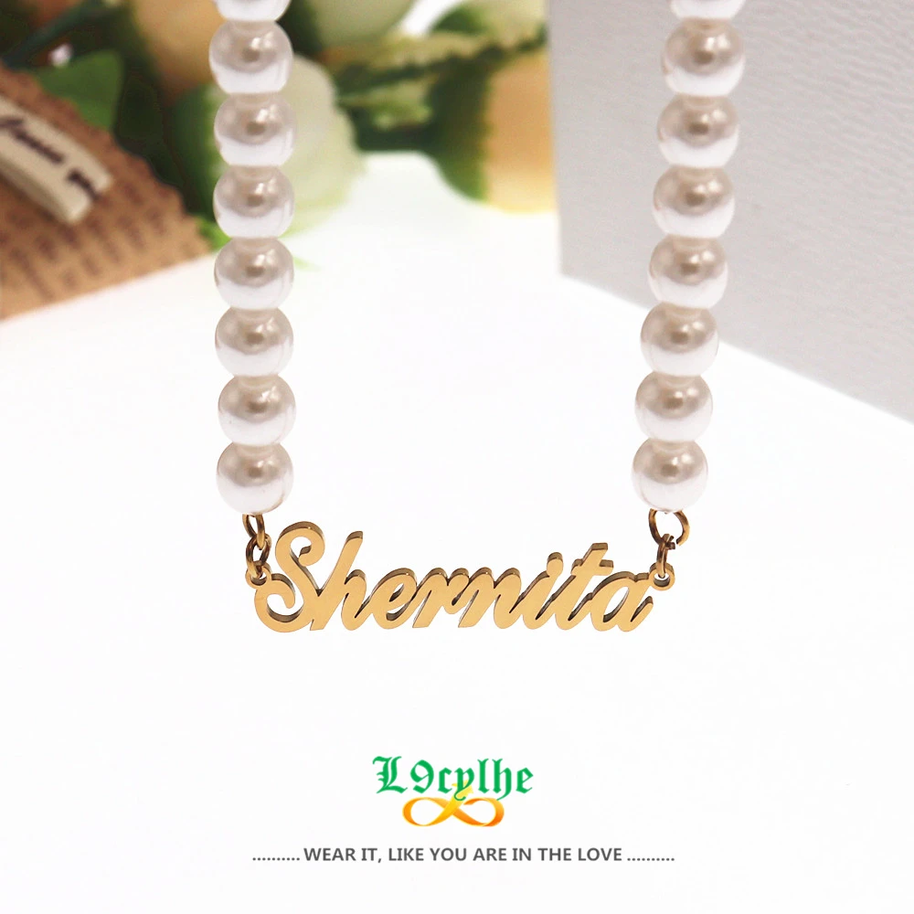 Personalized Pearl Name Necklaces for Women Custom Waterproof Name Necklace Stainless Steel Charm Choker