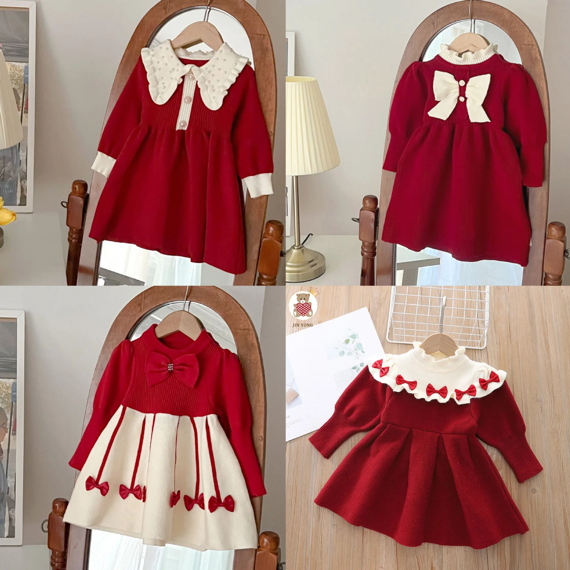 Korean Winter Children Girl Dress Cotton Fleece Kids Girls Princess Dress Loose Red Spliced Little Girl Ruched Dress Belle Dress