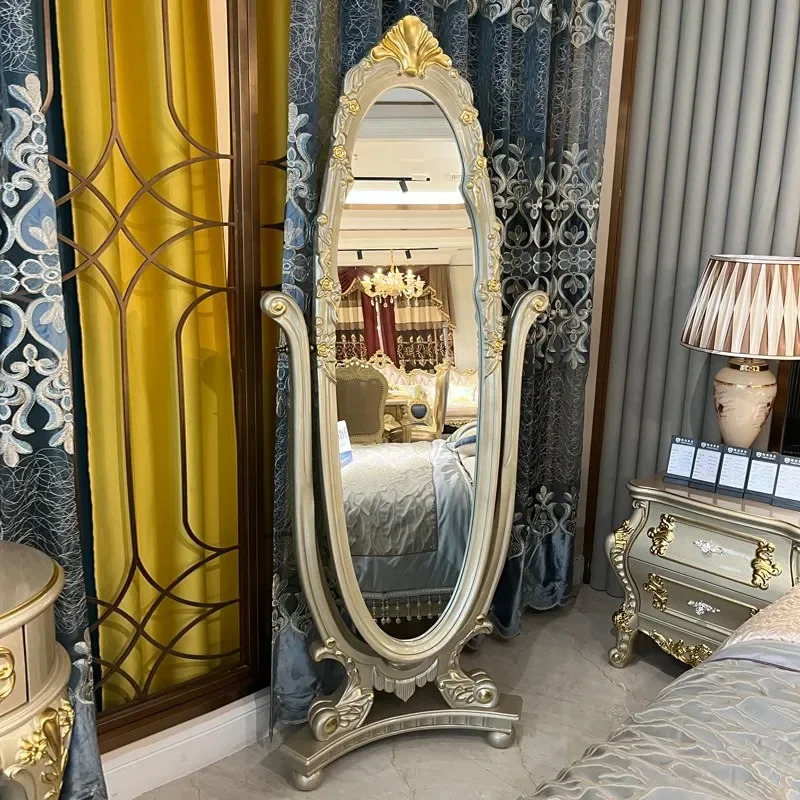 

European classic style cloakroom bedroom luxury full solid wood carving flower floor mirror full body mirror
