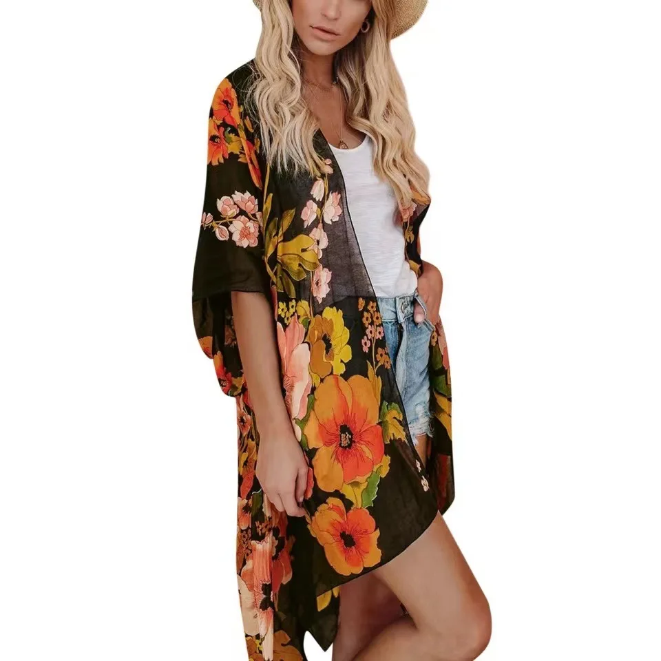 Women\'s Beach Swimsuit Coverups Floral Sheer Print Kimono Cardigan Summer Casual Swimwear Bikini Beach