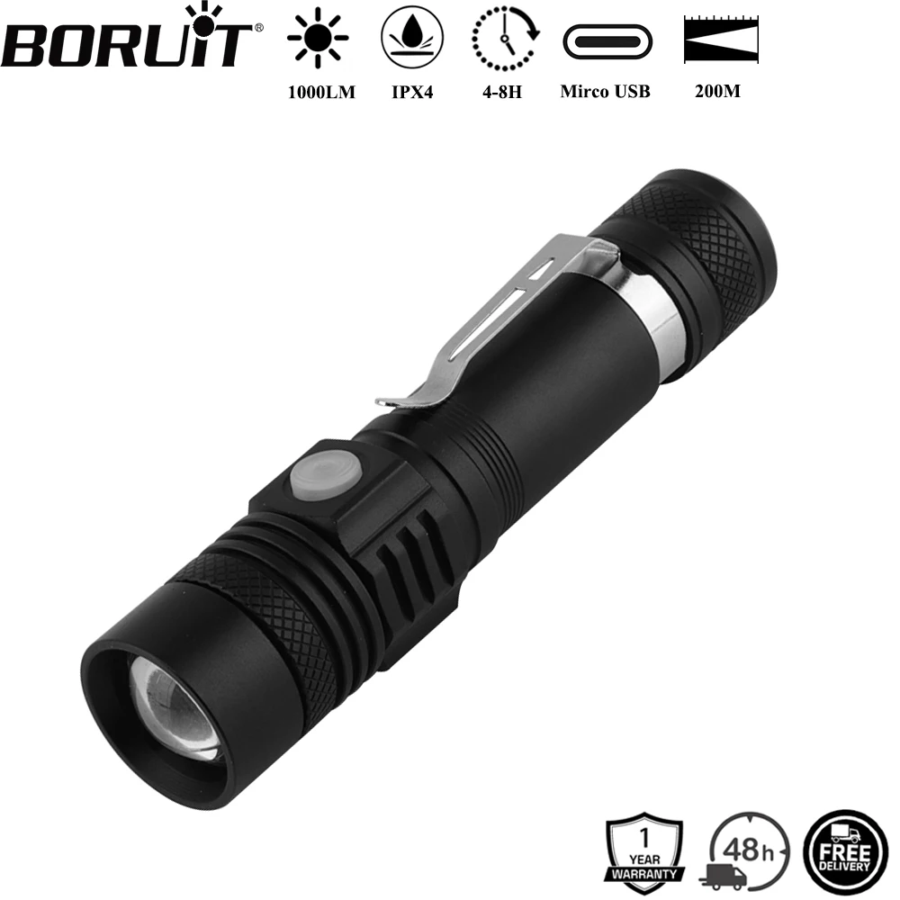 BORUiT C6 1000LM LED Zoomable Flashlight Mirco USB Rechargeable Torch Waterproof Camping Fishing Emergency Lantern