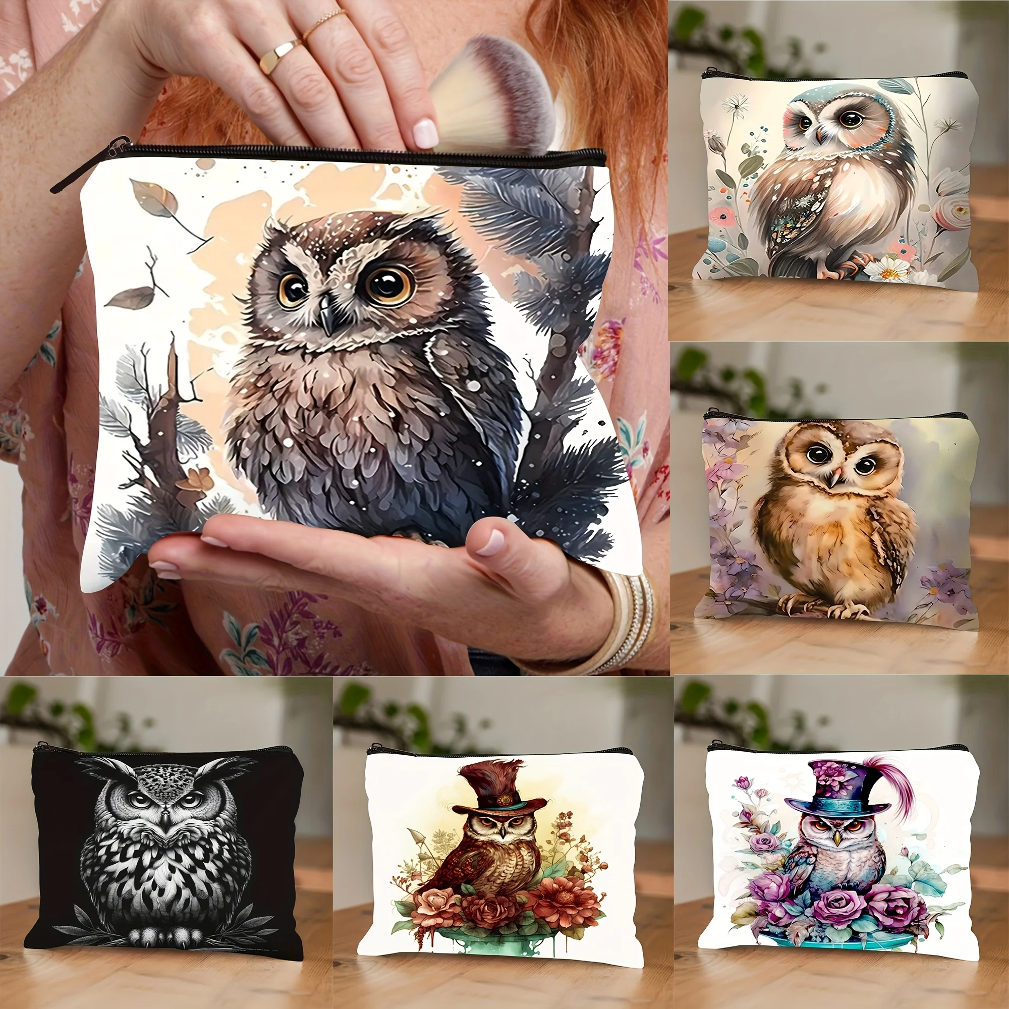Adorable Dark Scene Petal Owl Makeup Bag Storage Pouch Cosmetic Bag Aesthetic Accessory Bags Portable Toiletry Pencil Case